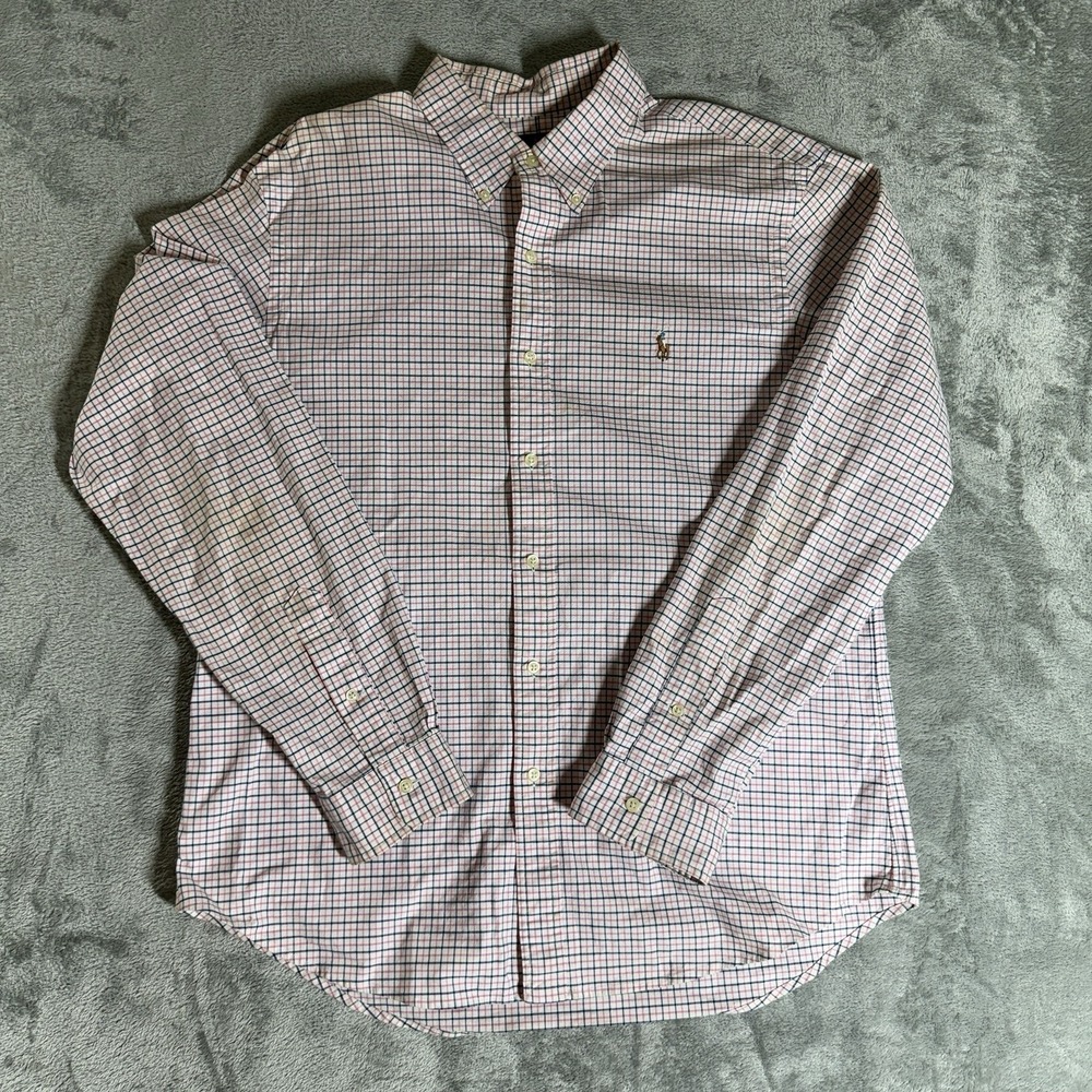 Ralph Lauren Shirt Mens XL Slim Fit Stretch Oxford Button Up Checks Flesh Pony